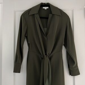 Vince tie waist shaped collar olive green midi dress long sleeved - never worn